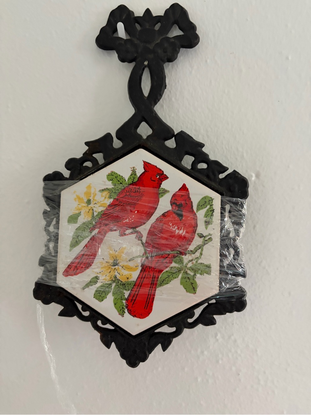 Vintage Hex Tile Cardinal Wall Hanging with Ornate Cast Iron Frame